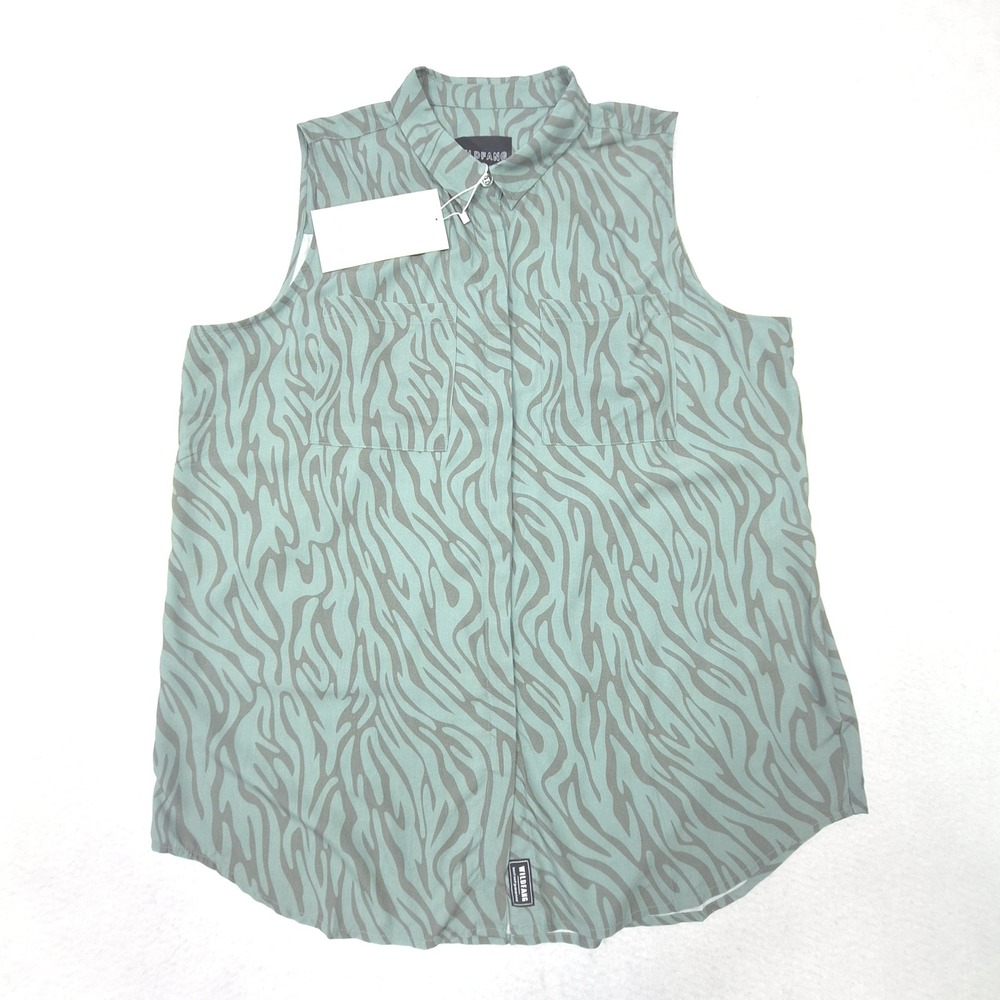 Wildfang Empower Sleeveless Button‎ Up Womens Large Green Zebra Print Top NWT